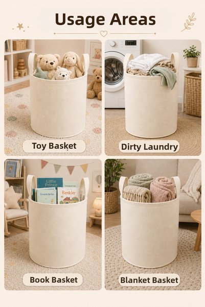Trend Sizde Teddy Bear Rabbit Raccoon Printed Toy Basket 50X40 cm Baby and Children's Room Cream Felt Organizer Basket
