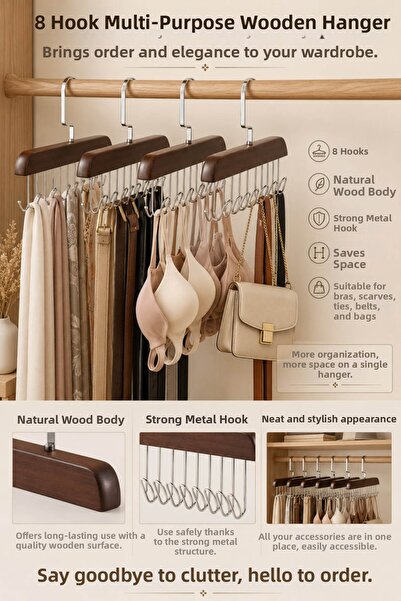 Anadolu Saray 8 Hooks Wooden Multi-Purpose Hanger Bra Scarf Tie Belt Bag Orga...