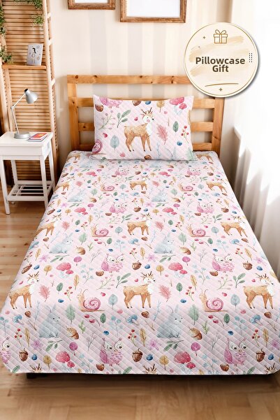 Evimde Bambaşka Pink Forest Animals Children's Room Single Pique Set - Pastel...