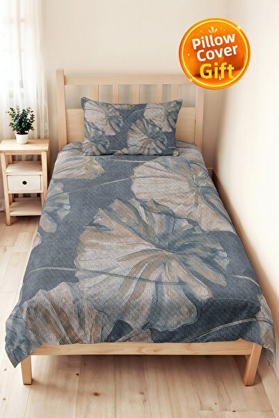Evimde Bambaşka Blue Leafy Botanical Decorative Pique Set - Beige Gray Single...