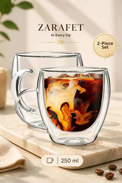 Parmeva 2 Pieces 250 ml Double Walled Glass Tea Coffee Milk Mug Borosilicate ...