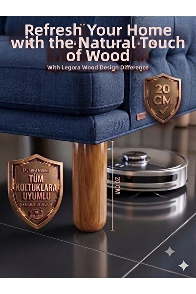 LEGORA WOOD DESIGN Picior de mobilier din lemn de nuc deschis boem de 20 cm P...