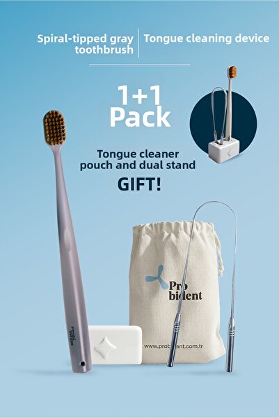 Probident 1+1 Package: Gray Toothbrush with Spiral Head + Tongue Cleaner + Po...