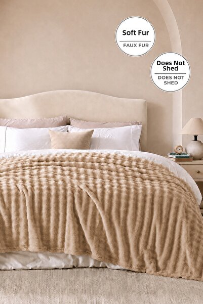 EvienHome Fur Bubble Blanket Double Size Plush Rabbit Hair Soft 220X240 cm Beige