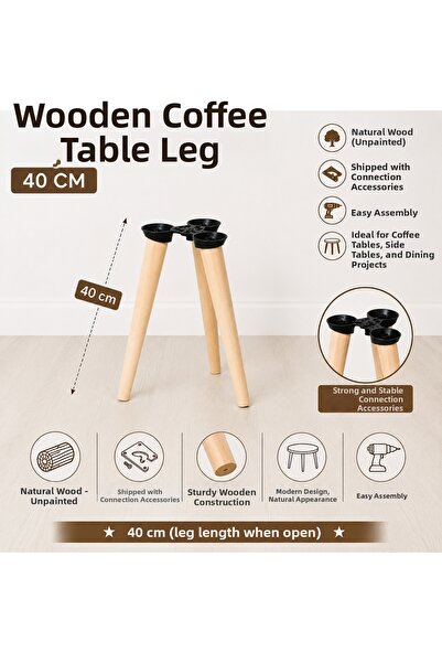 Home Wooden Coffee Table Leg 40 cm 3 Pieces Raw Unpainted Conical Furniture L...