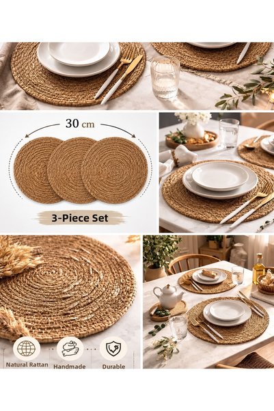 royalscent 30 cm Set of 3 Wicker Trays – Natural Handmade Round American Serving Tray – Table Decoration