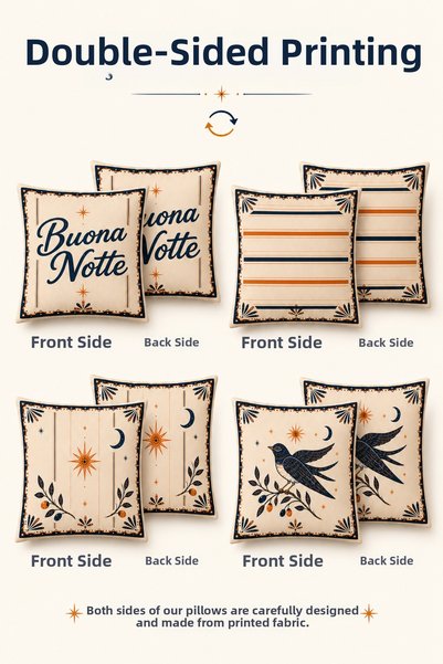 Tilda BSC. & Home Throw Pillow Cover Set of 4 Buona Notte, Bird Sun Moon Olive Pattern Decorative Pillow Covers 43X43 cm