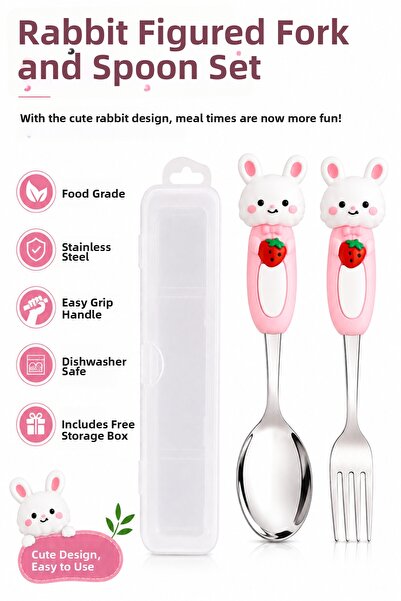 jojobebek Rabbit Stainless Steel Baby Fork and Spoon Set with Rabbit Figure –...