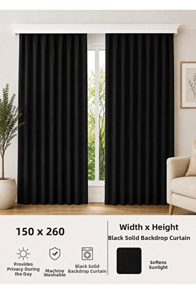 İQON Plain Thick Background Curtain Black – Ready for Cornice 150X260 cm