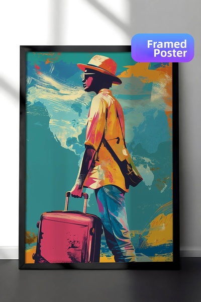 Zestia Pictură murală de călătorie în stil Pop Art cu ramă neagră, Figură de ...
