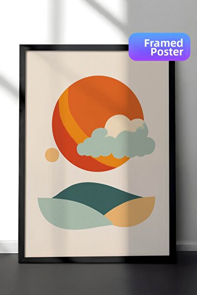 Zestia Pictură murală de artă minimalistă cu ramă neagră, peisaj cu nori și d...
