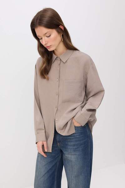 Trendyol Modest Χακί Υπερμεγέθες Πουκάμισο Βουάλ με Ρίγες και Υφαντό Ύφασμα γ...