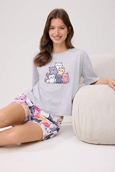 Συλλογή Trendyol Σετ πιτζάμες από βαμβακερό λύκρα με μοτίβο γάτας σε γκρι μελ...