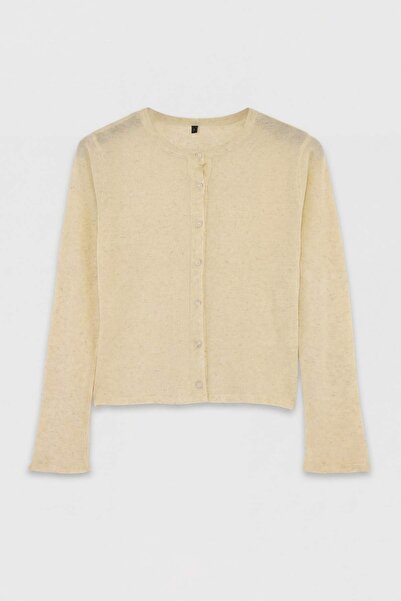 Trendyol Kollektion Gelbe Wardrobe Essentials Strickjacke aus Leinen mit Rund...