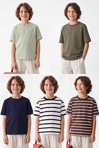 TRENDYOLKIDS Πολύχρωμο*001 Πλεκτό μπλουζάκι για αγόρια με ρίγες, συσκευασία 5...