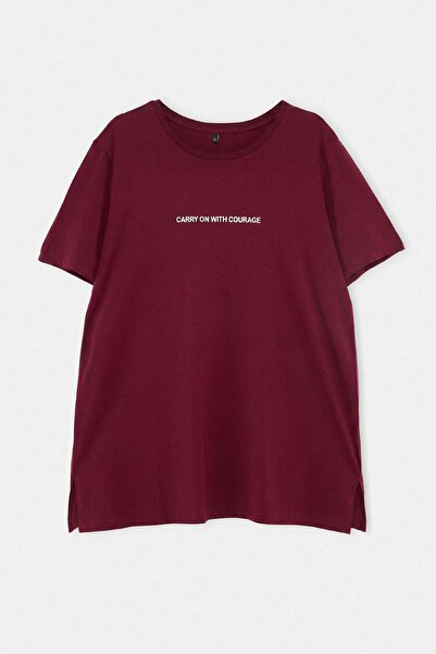 Trendyol Curve Tricou cu imprimeu cu slogan Plum Fit, cu gât rotund, 100% bum...