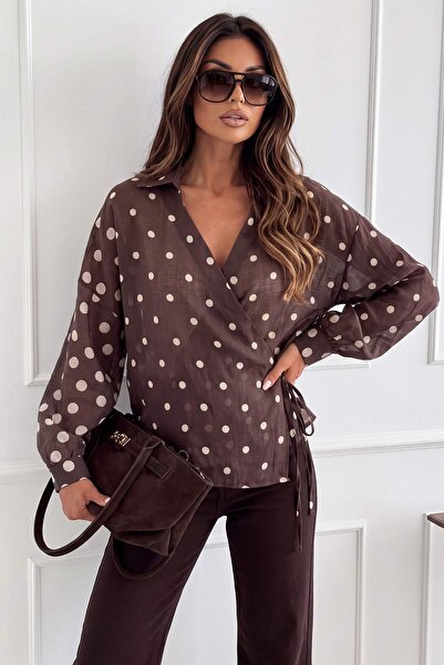Trendyol Collection Brown Polka Dot Summer Tie-Up Transparent Shirt Twoss26Go...