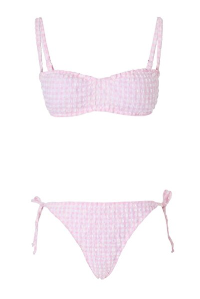 Trendyol Collection Pink Gingham Strapless Covered Regular Waist Regular 3-Pi...