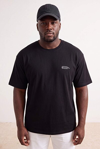 Trendyol Collection Tricou negru supradimensionat/larg, 100% bumbac, cu impri...