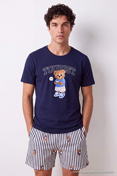 Trendyol Kollektion Marineblaues, gestreiftes Strick-Pyjama-Set mit regulärem...