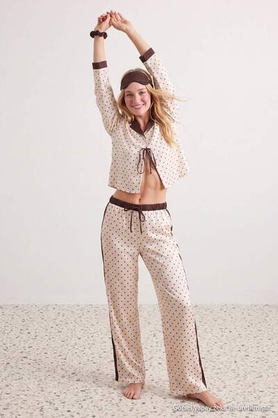 Trendyol Collection Set de pijamale din satin țesut, maro ecru, cu 4 piese, c...