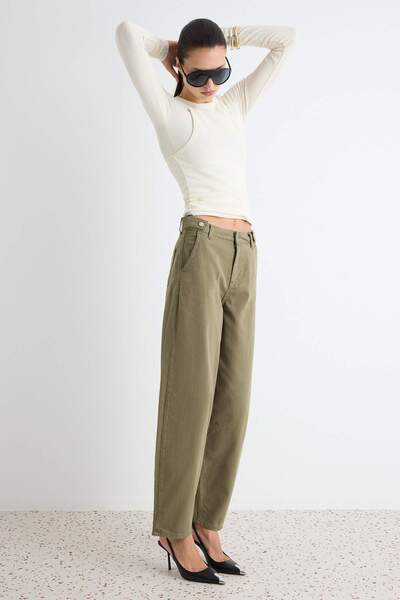 Trendyol Collection Khaki Draped High Waist Baggy Jeans with Leg Detail Twoaw...