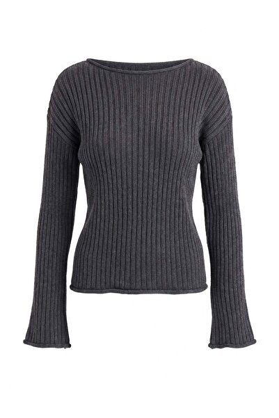 Trendyol Collection Wardrobe Essentials Anthracite Boat Neck Ribbed Loose Fit...