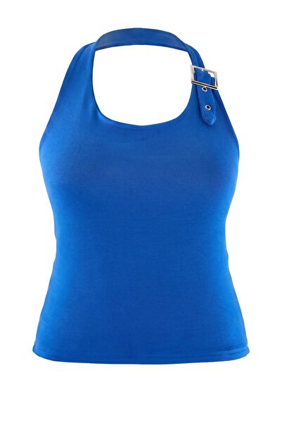 Trendyol Curve Saks Viscose Ribbed Accessory Detailed Knitted Plus Size Blous...
