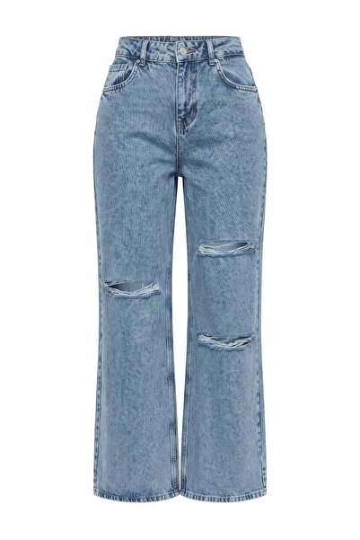 Trendyol Collection Blugi albaștri cu talie înaltă și picior larg, 100% bumba...