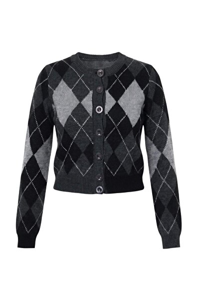 Trendyol Collection Anthracite Crew Neck Diamond/Plaid Patterned Knitwear Car...