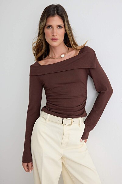 Trendyol Collection Brown Striped Fitted Carmen Collar Low Sleeve Viscose Rib...
