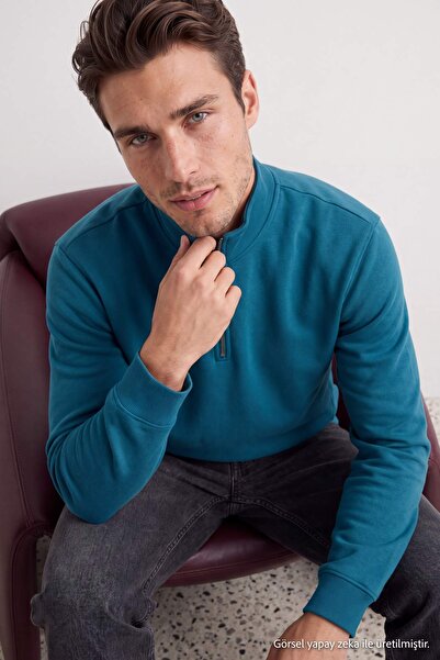 Trendyol Collection Petrol Regular/Normal Cut High Neck Zippered Fleece Lined...