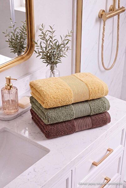 TRENDYOLMİLLA HOME 3-teiliges braun-khaki-senffarbenes Gesichtshandtuch-Set T...