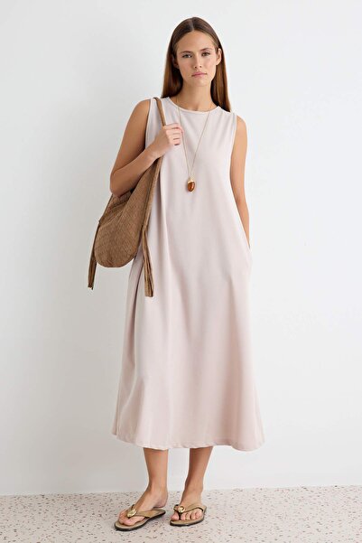 Trendyol Collection Stone Plain A-Line Crew Neck Sleeveless Midi Modal Knitte...