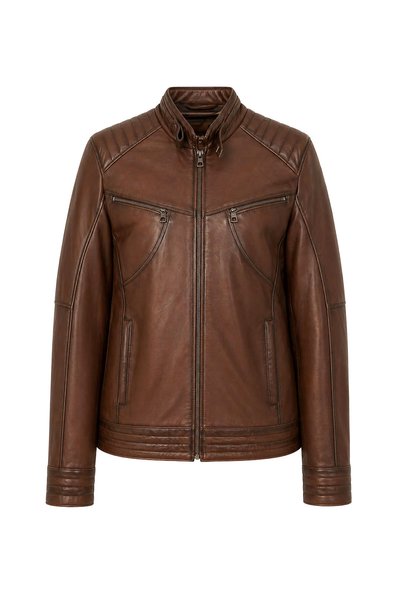Deriderim Brown Hector Hakim Collar Zippered Lined Men's Genuine Leather Coat