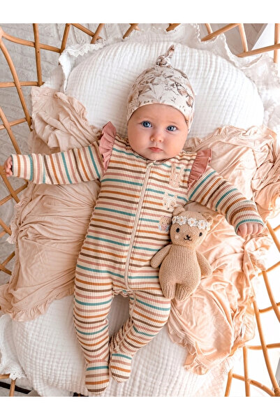 Momercy Colorful Hayvanlar Nakışlı Çizgili Kız Bebek Tulum