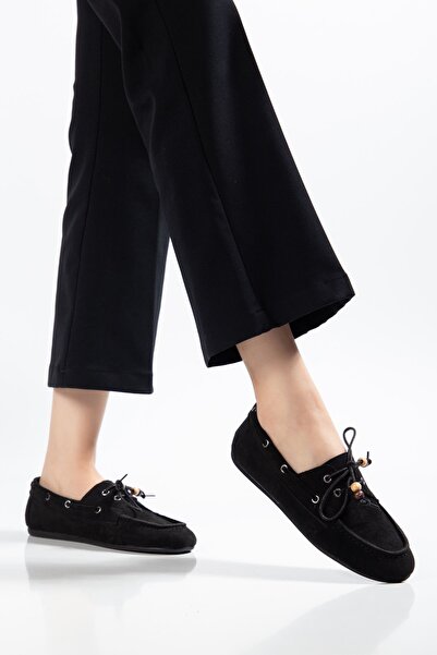 HWNLİFE G-03 Black Suede Beaded String Casual Women's Ballerinas