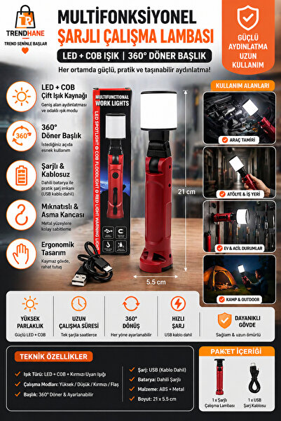 Trendhane Multifonksiyonel Şarjlı Çalışma Lambası | LED + COB Işık | 360° Dön...