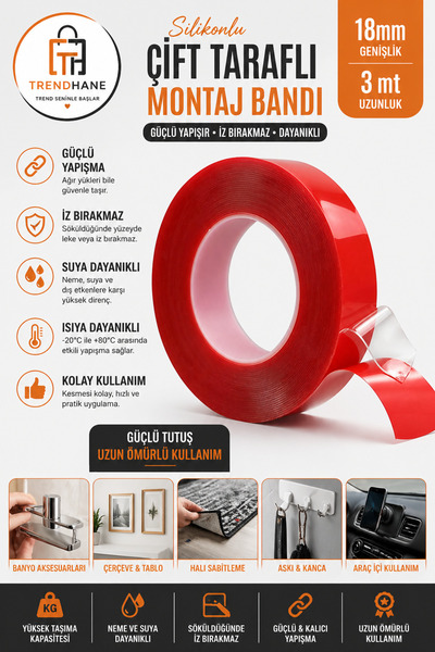 Trendhane Silikonlu Çift Taraflı Montaj Bandı 18mm X 2mt 18*2