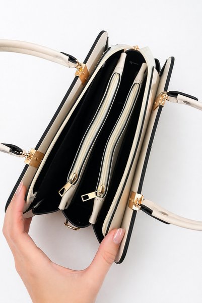 SAHNE Shoulder Bag Beige/Cream Color Five Compartment Shoulder and Arm Bag with Long Strap Vienna Leather