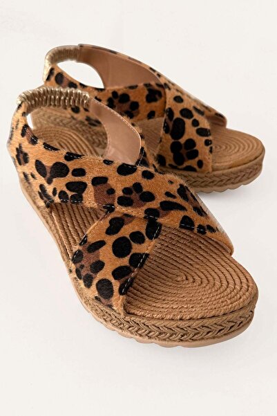 CCWAY AYAKKABI Ψάθινα σανδάλια με ελαστικές χιαστί λωρίδες LEOPARD