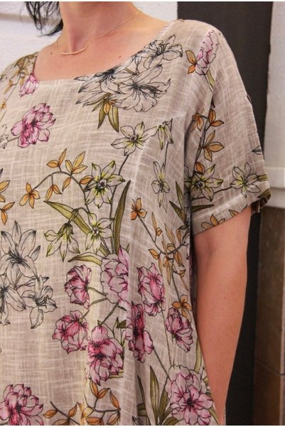 Bohemian Women's Cream Floral Patterned Loose Natural Cotton Woven Dress