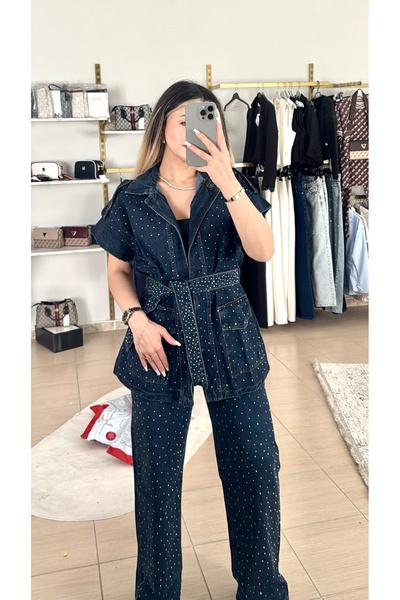 DENİZ Taşlı Yelekli Denim Takım