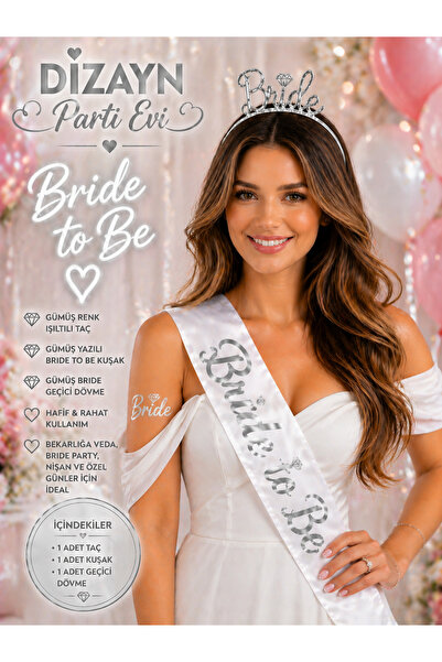 Dizayn Parti Evi DZYN Gümüş Bride Set – Metal Taç Kuşak ve Geçici Dövme Bekar...