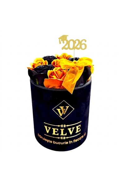velve Aranjament floral VLV, cu 9 trandafiri de sapun, in cutie neagra si cat...