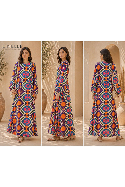 LINELLE فستان كاجوال بتصميم A-Line متعدد الألوان (أرجواني وبرتقالي) بنمط الإيكات