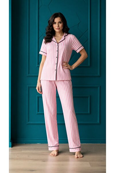 rindahomewear Γυναικείο σετ πιτζάμες με ροζ ριγέ πλεκτό κοντομάνικο μπλουζάκι...