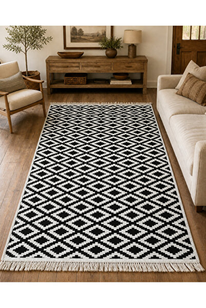 VEZİROĞLU KİLİM Pamuklu Dokuma Çift Taraflı Modern 1. Kalite Kilim Siyah Beyaz