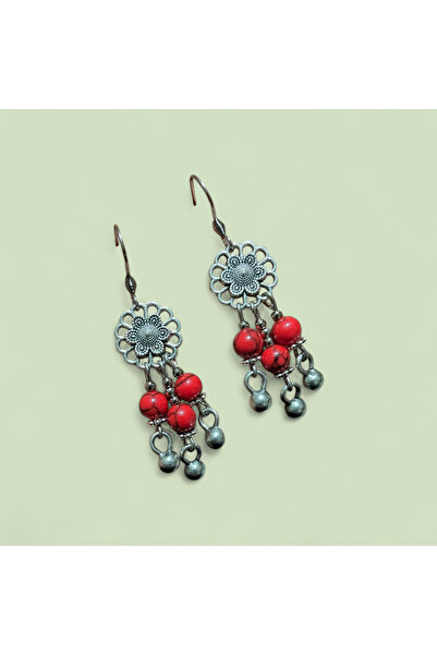 Birtakı'm Şeyler Red Authentic Handcrafted Earrings with Pressed Howlite Stone