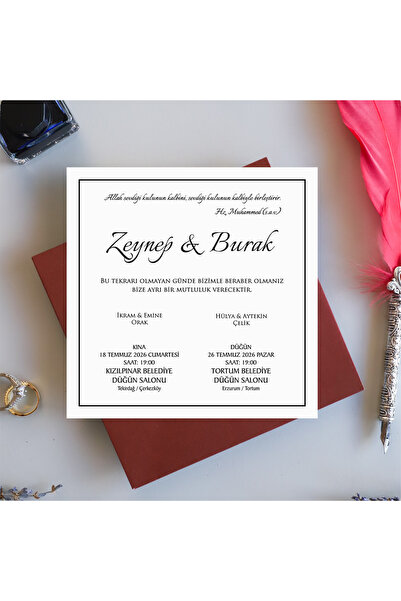Pixel Davetiye Lüks Davetiye | Premium Bordo - 50_Adet_Düğün Davetiye - Altın Yaldızlı - Düğün-Nişan-Kına-Nikah - Sünnet Davetiyesi-Kod:50-8804